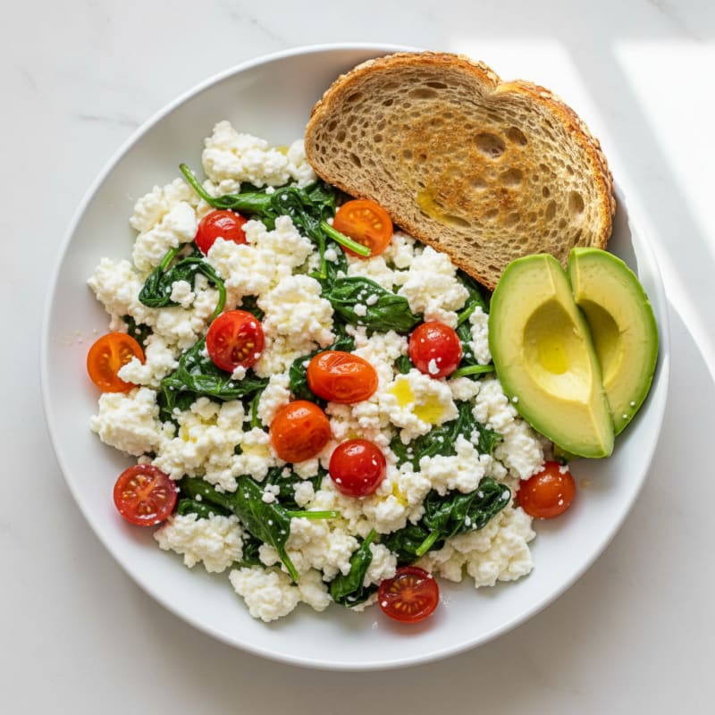 Egg White and Cottage Cheese Scramble with Spinach and Cherry Tomatoes