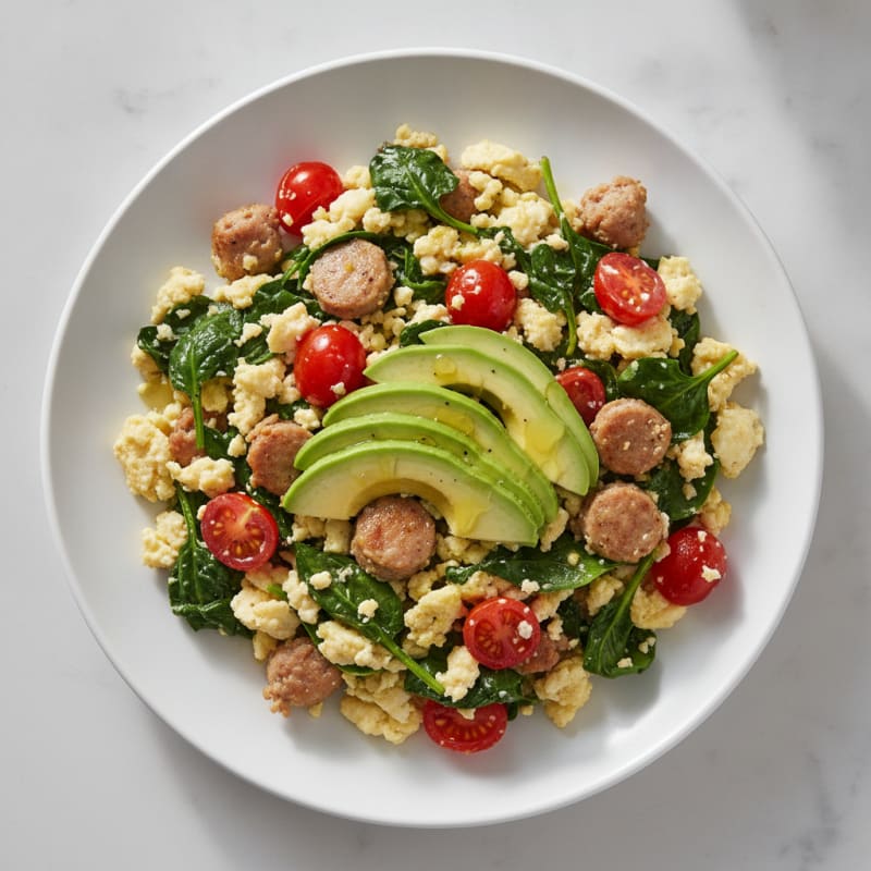 Egg White and Turkey Sausage Scramble with Spinach and Cherry Tomatoes