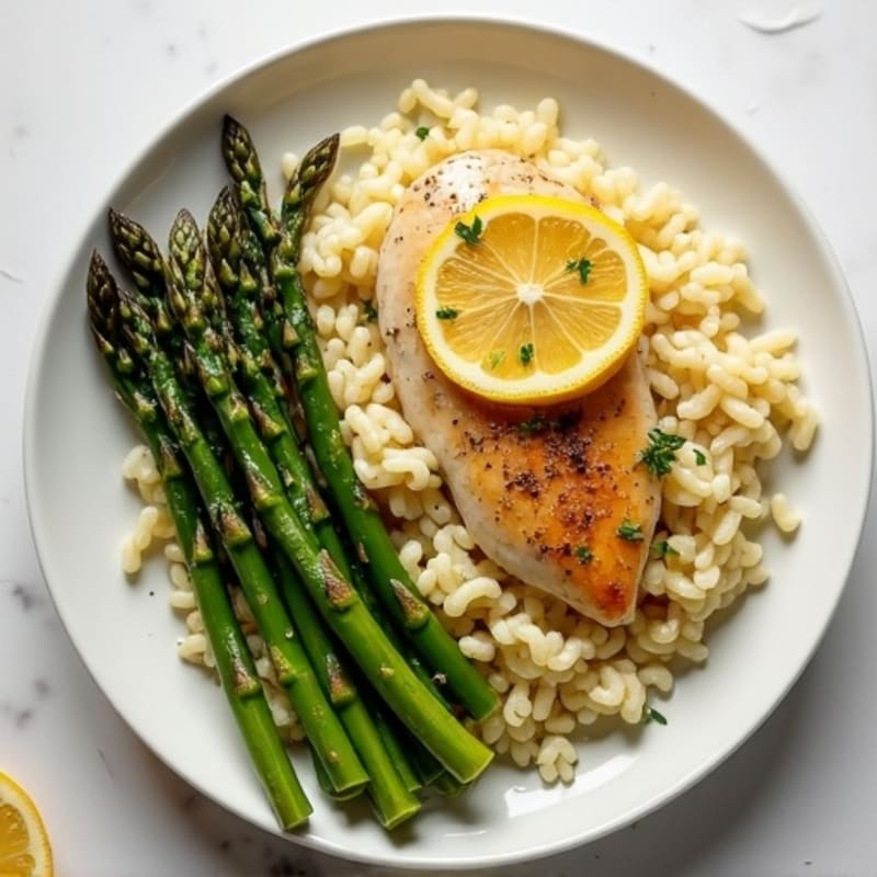 Lemon Herb Chicken with Roasted Asparagus and Creamy Orzo