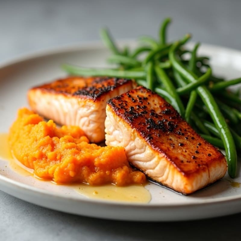 Seared Salmon with Garlic Green Beans and Sweet Potato Mash