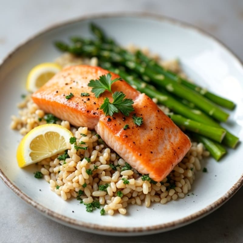 Seared Salmon with Herb Rice and Steamed Asparagus