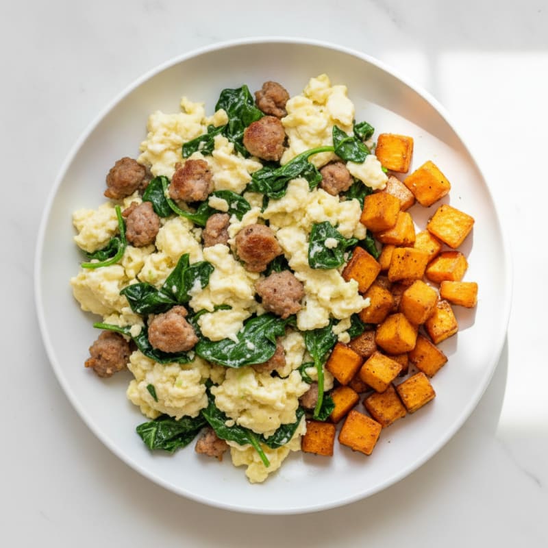 Egg White and Turkey Sausage Scramble with Spinach and Roasted Sweet Potato