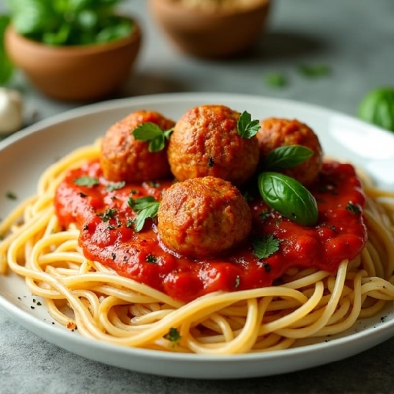 Tender Lean Meatballs with Whole Wheat Spaghetti and Herb-Rich Tomato Sauce