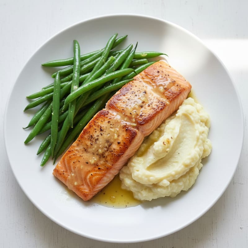 Seared Salmon with Steamed Green Beans and Garlic Mashed Cauliflower