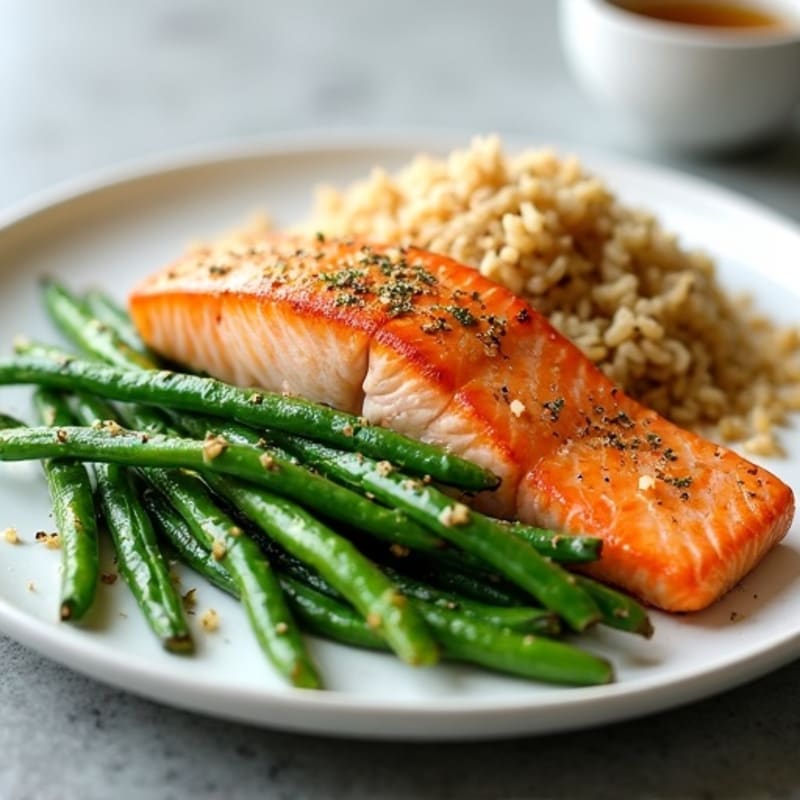 Seared Salmon with Garlic Green Beans and Brown Rice
