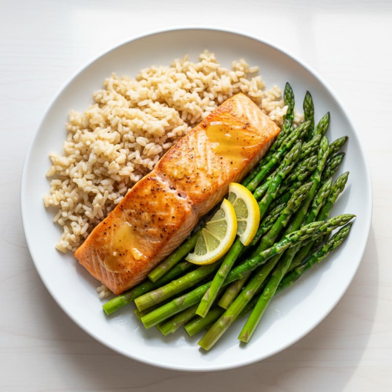 Seared Salmon with Steamed Asparagus and Brown Rice