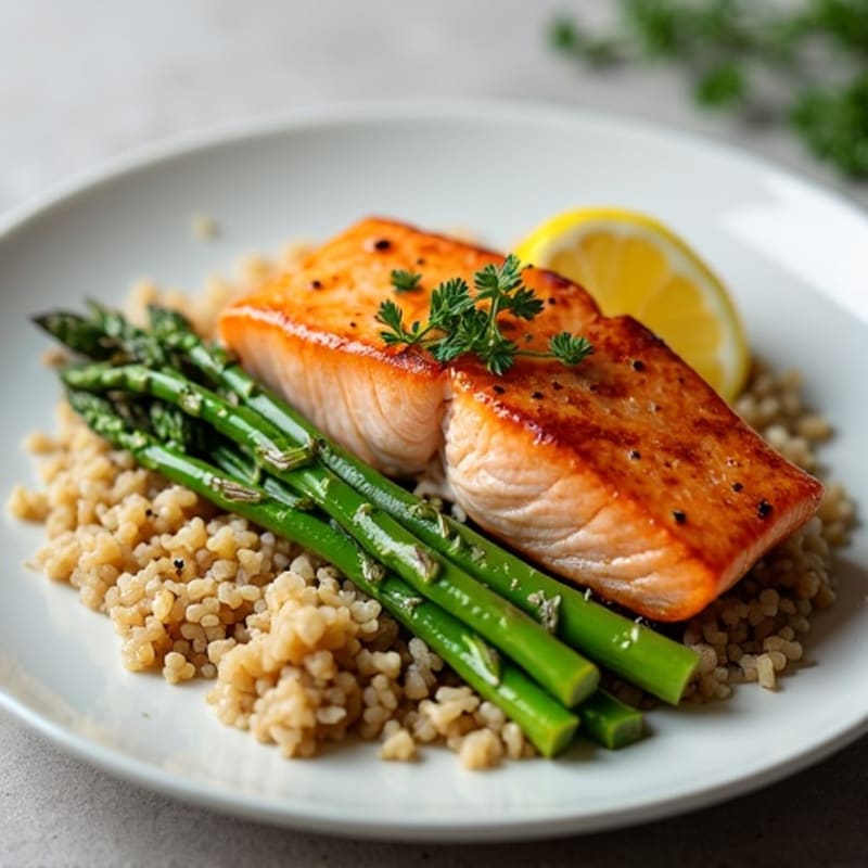 Seared Salmon with Steamed Asparagus and Brown Rice