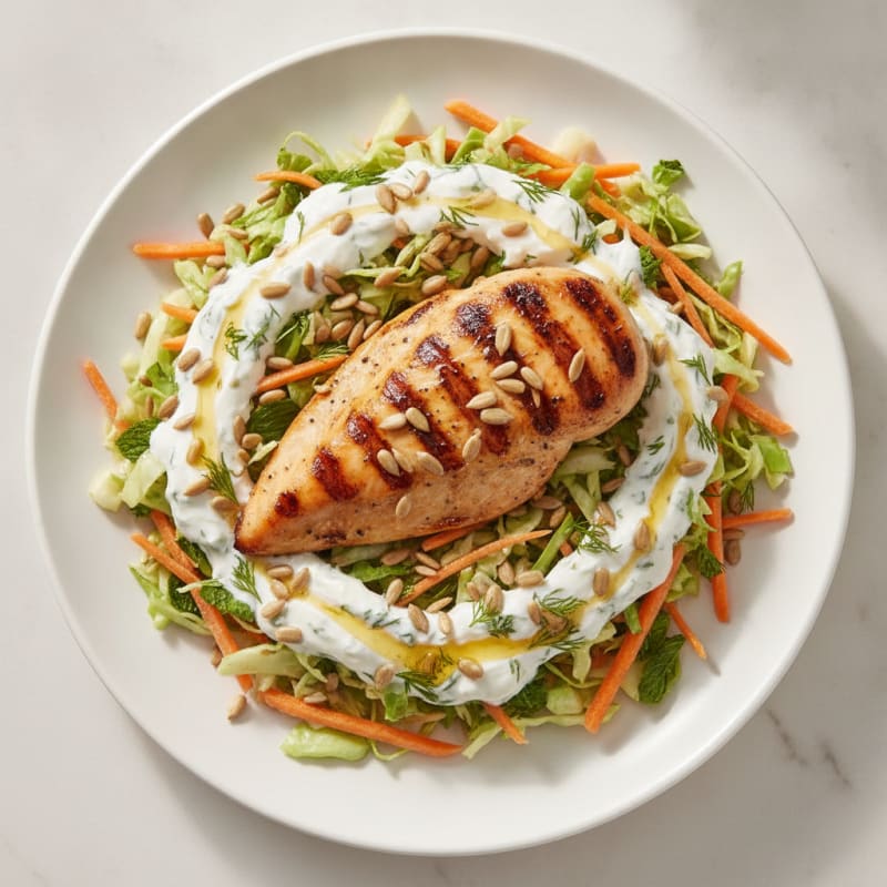 Grilled Chicken Breast with Crunchy Cabbage Slaw and Greek Yogurt Dressing