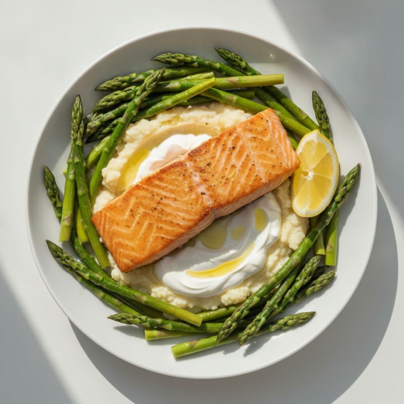 Seared Salmon with Steamed Asparagus and Cauliflower Mash