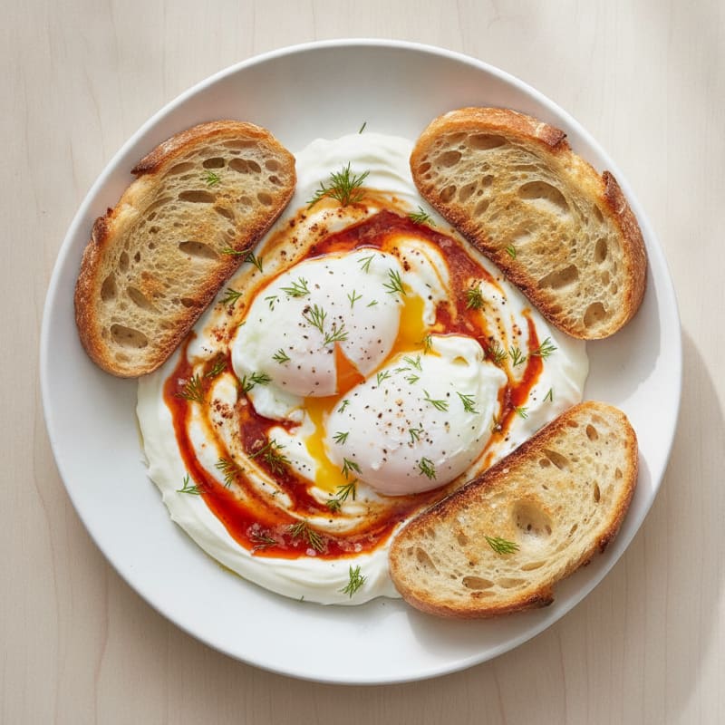Garlic Yogurt Poached Eggs with Chili Oil