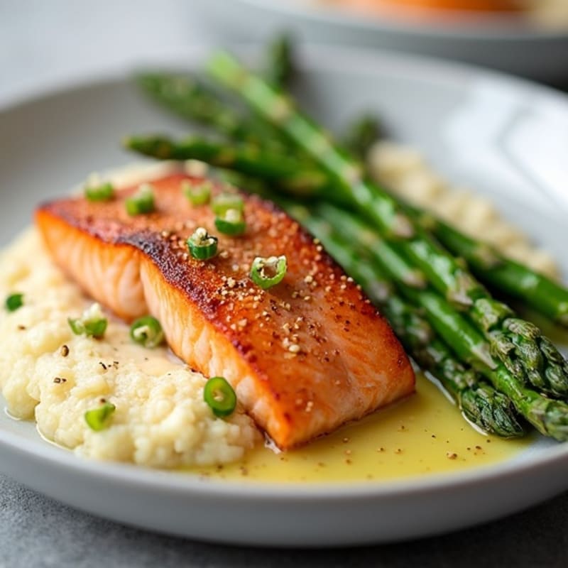 Seared Salmon Fillet with Roasted Asparagus and Cauliflower Mash