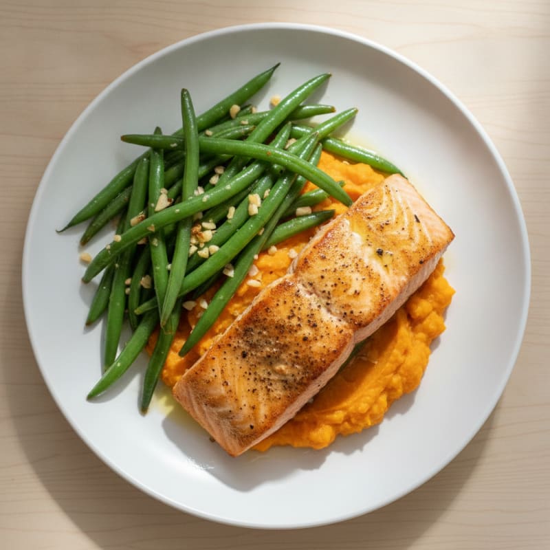 Seared Salmon with Garlic Green Beans and Sweet Potato Mash