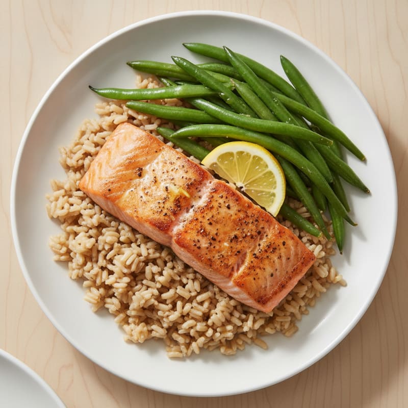 Seared Salmon with Steamed Green Beans and Brown Rice