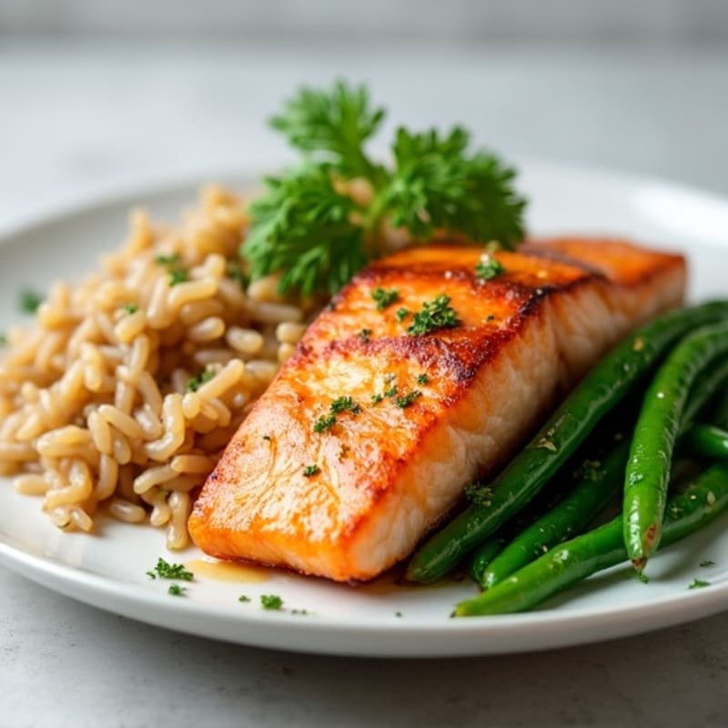 Seared Salmon with Garlic Green Beans and Brown Rice