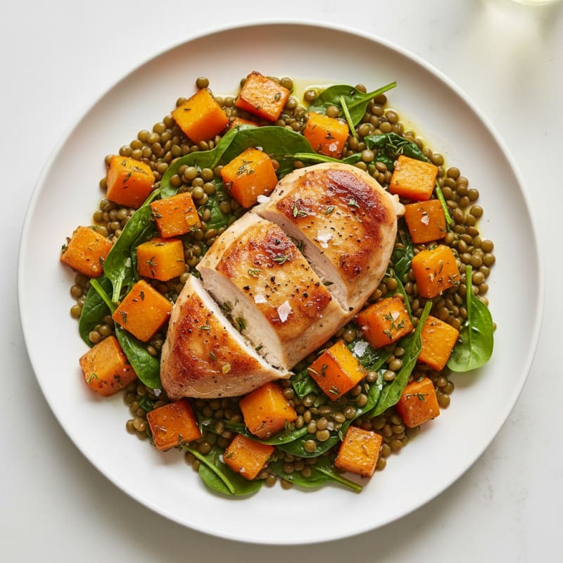 Roasted Chicken and Squash with Lentils