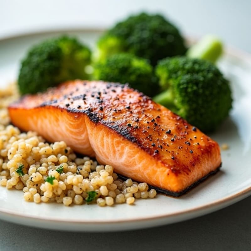 Seared Salmon with Steamed Broccoli and Quinoa