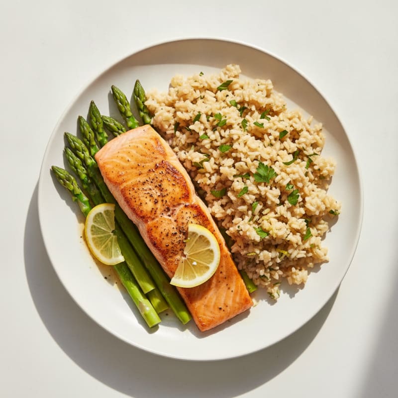 Seared Salmon Fillet with Steamed Asparagus and Herbed Brown Rice