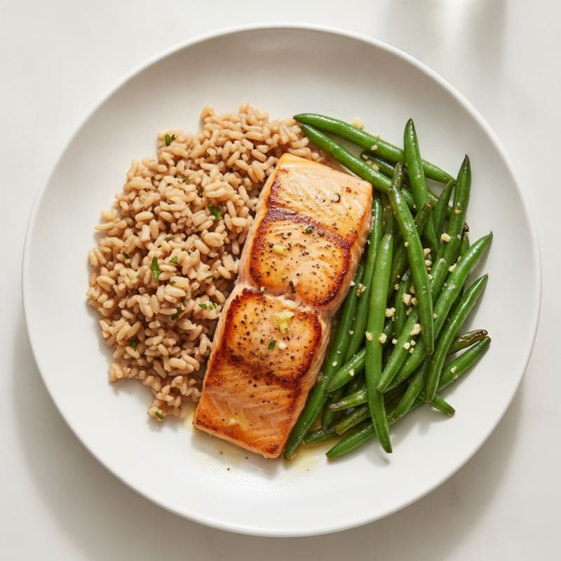 Seared Salmon Fillet with Garlic Green Beans and Brown Rice