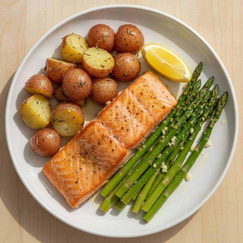 Pan-Seared Salmon with Garlic Asparagus and Herb Potatoes