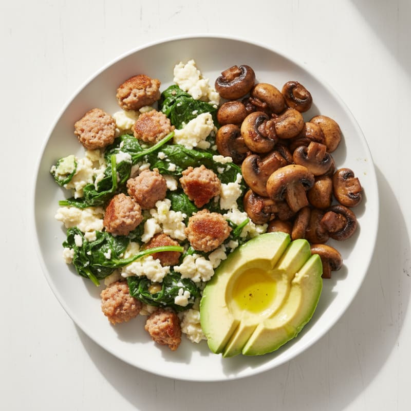 Egg White and Spinach Scramble with Turkey Sausage and Sautéed Mushrooms