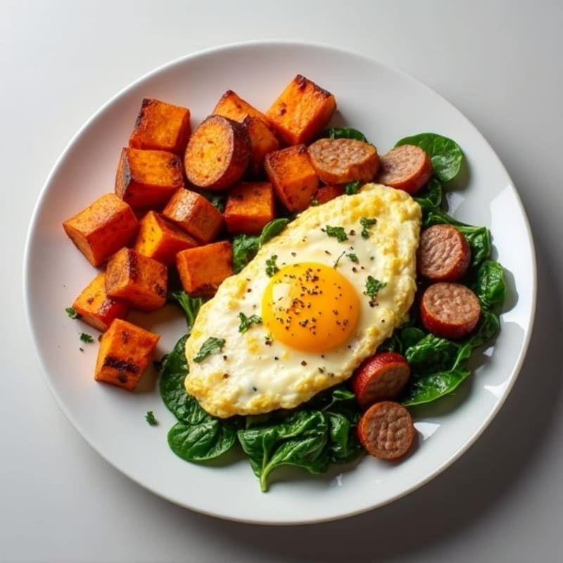 Egg White and Turkey Sausage Scramble with Spinach and Roasted Sweet Potatoes
