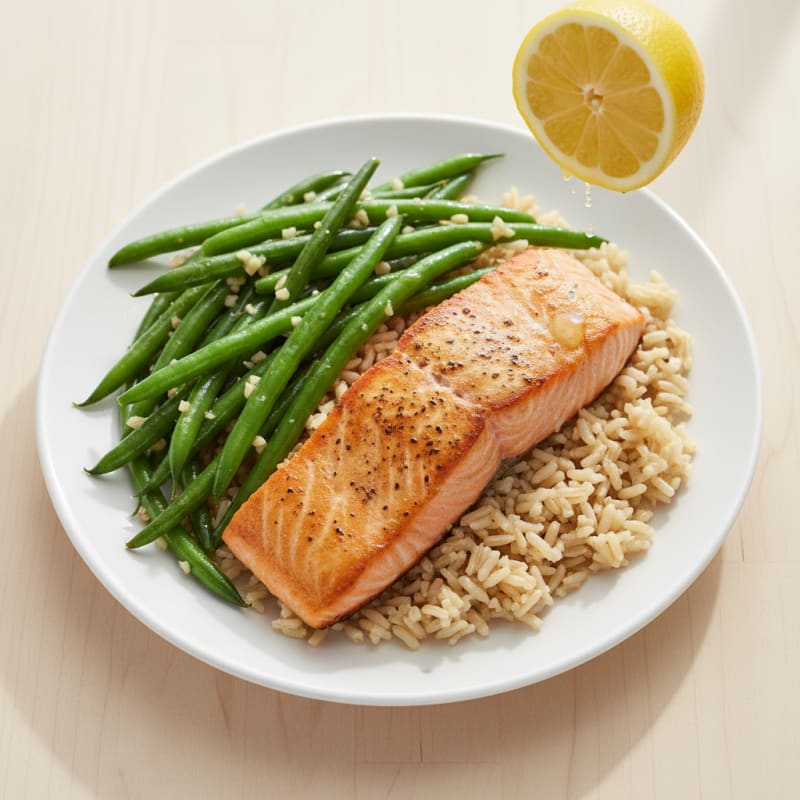 Seared Salmon with Garlic Green Beans and Brown Rice