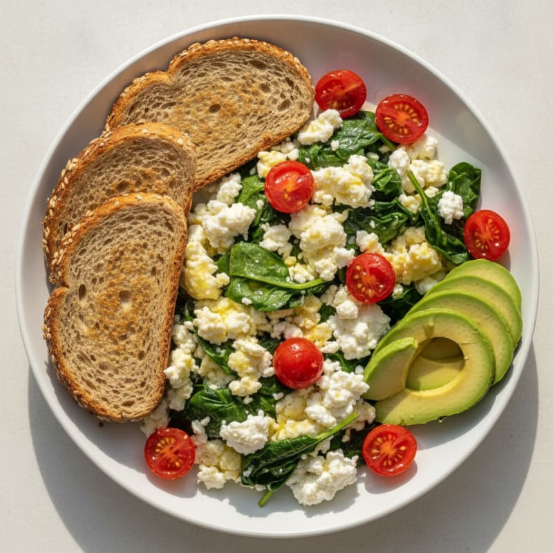 Egg White and Spinach Scramble with Cottage Cheese and Cherry Tomatoes