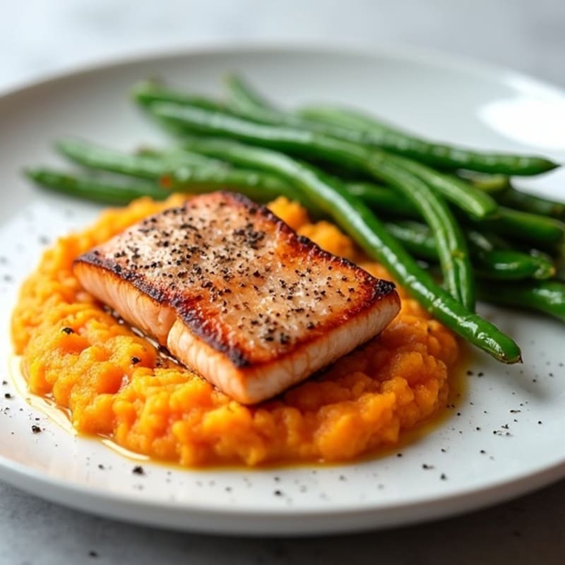 Seared Salmon with Steamed Green Beans and Sweet Potato Mash