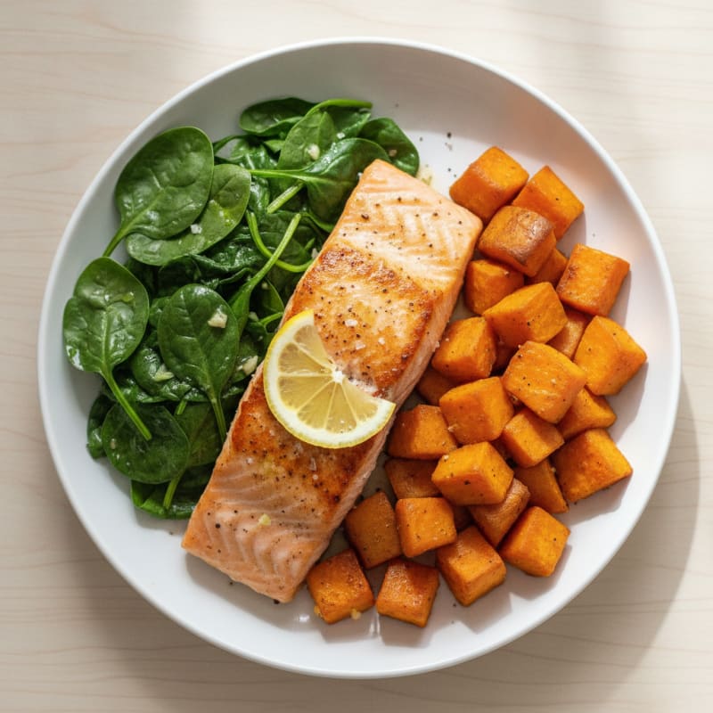 Seared Salmon with Garlic Spinach and Roasted Sweet Potatoes