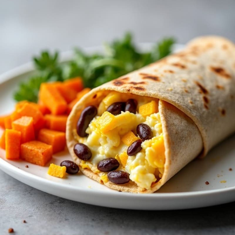 Creamy Scrambled Egg and Black Bean Breakfast Burrito with Roasted Sweet Potatoes