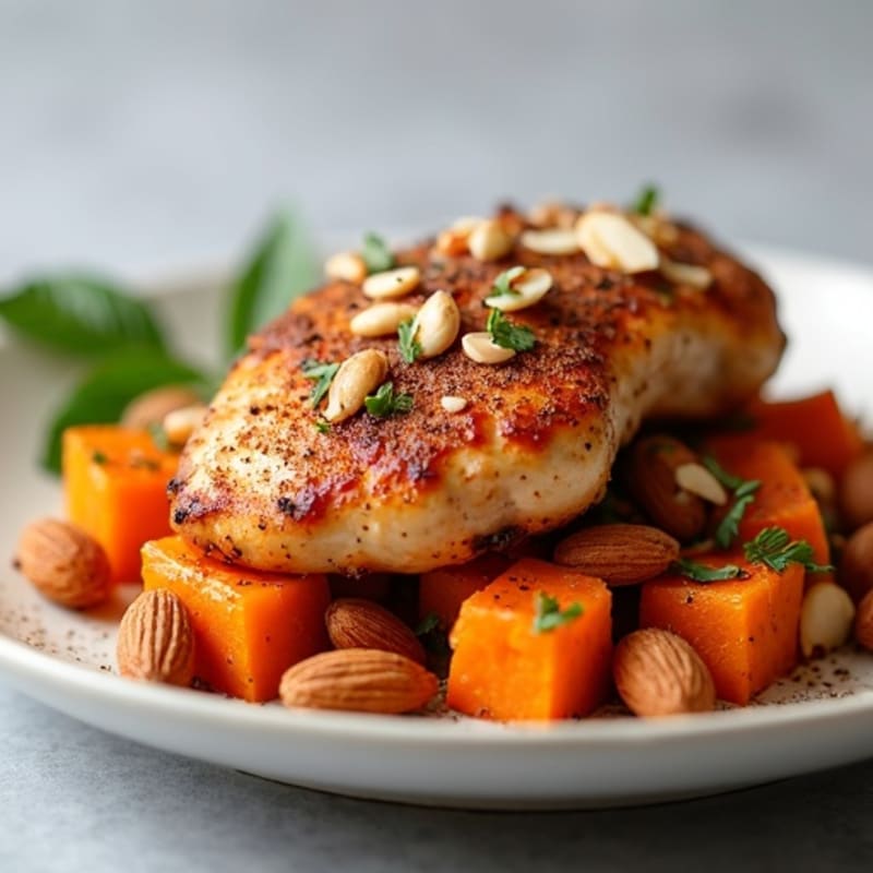Cocoa-Spiced Chicken with Crunchy Almonds and Roasted Sweet Potato Hash