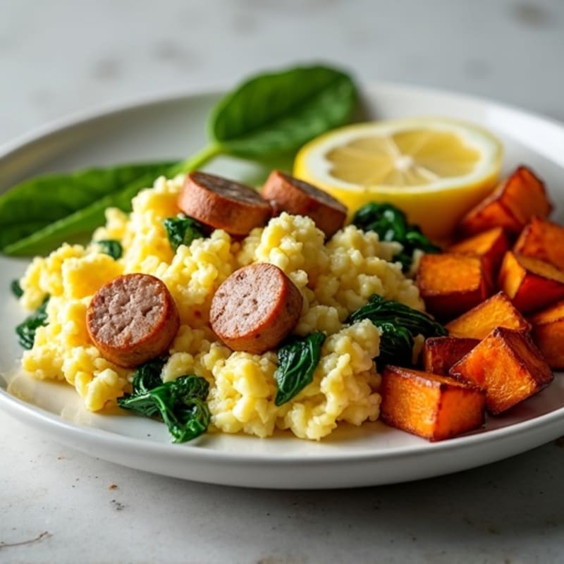 Egg White and Turkey Sausage Scramble with Spinach and Roasted Sweet Potato