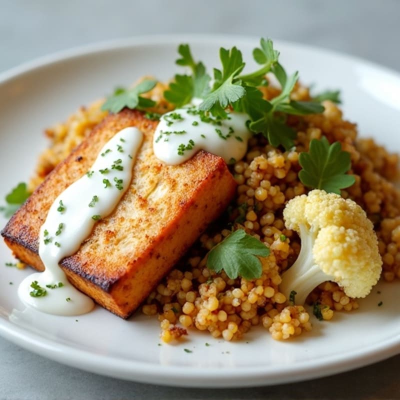 Seared Tofu with Roasted Cauliflower and Quinoa Pilaf