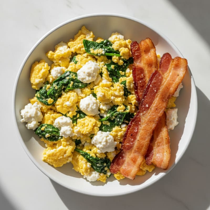 Cottage Cheese Egg Scramble with Spinach and Turkey Bacon