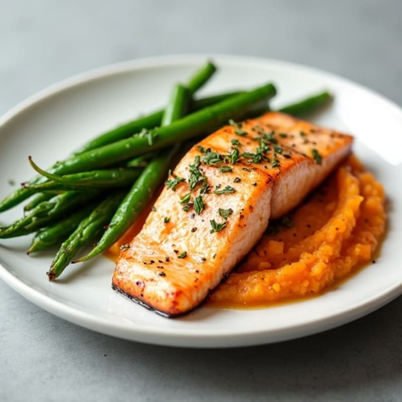 Seared Salmon Fillet with Garlic Green Beans and Sweet Potato Mash
