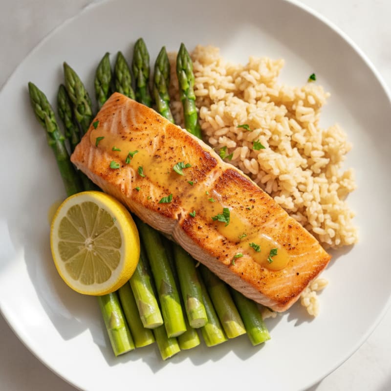 Seared Salmon with Steamed Asparagus and Brown Rice