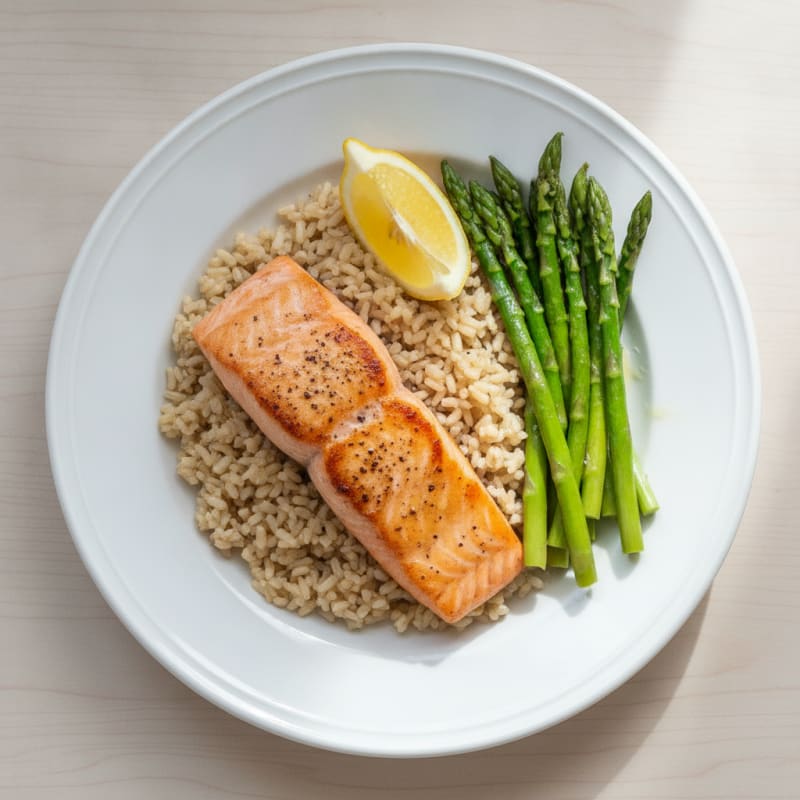 Seared Salmon Fillet with Steamed Asparagus and Brown Rice