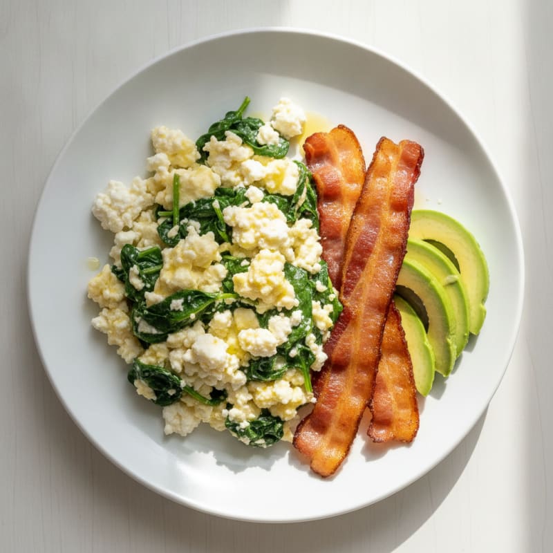 Cottage Cheese Egg Scramble with Spinach and Turkey Bacon