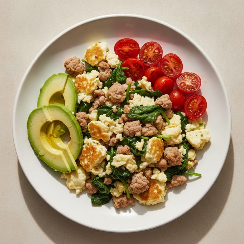 Egg White Scramble with Turkey Sausage and Sautéed Spinach