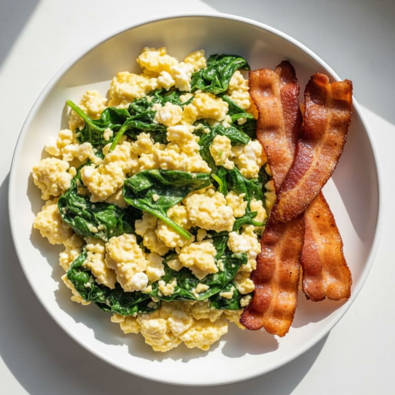 Cottage Cheese Egg Scramble with Spinach and Turkey Bacon