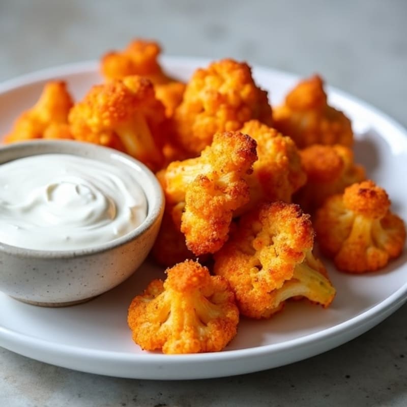 Crispy Buffalo Roasted Cauliflower Bites with Creamy Greek Yogurt Dip