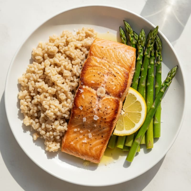 Seared Salmon with Steamed Asparagus and Brown Rice