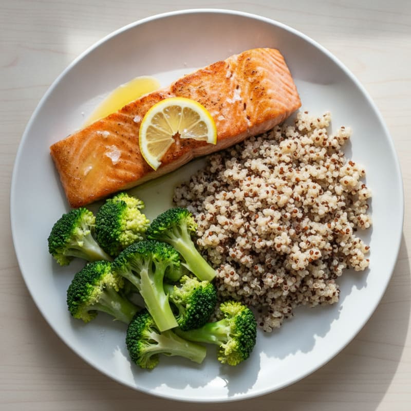 Seared Salmon Fillet with Steamed Broccoli and Quinoa