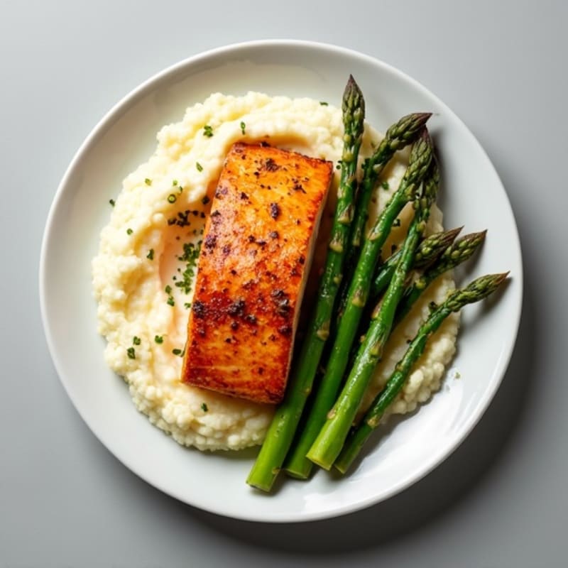 Seared Salmon with Creamy Cauliflower Mash and Roasted Asparagus