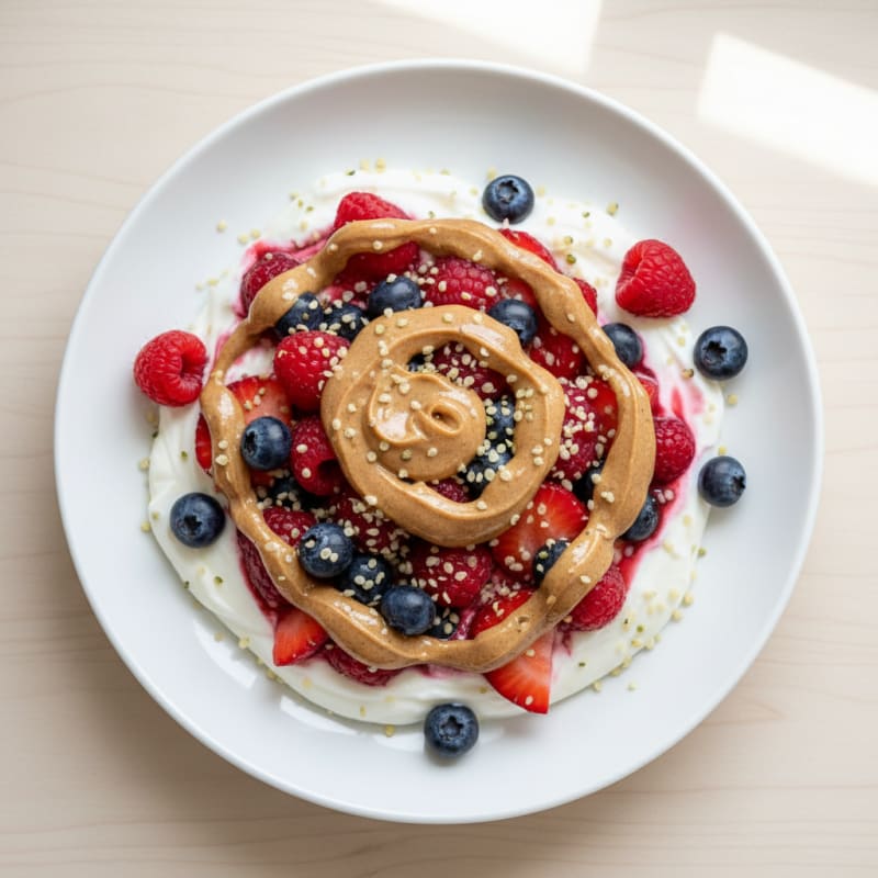 Greek Yogurt Protein Parfait with Almond Butter and Mixed Berries