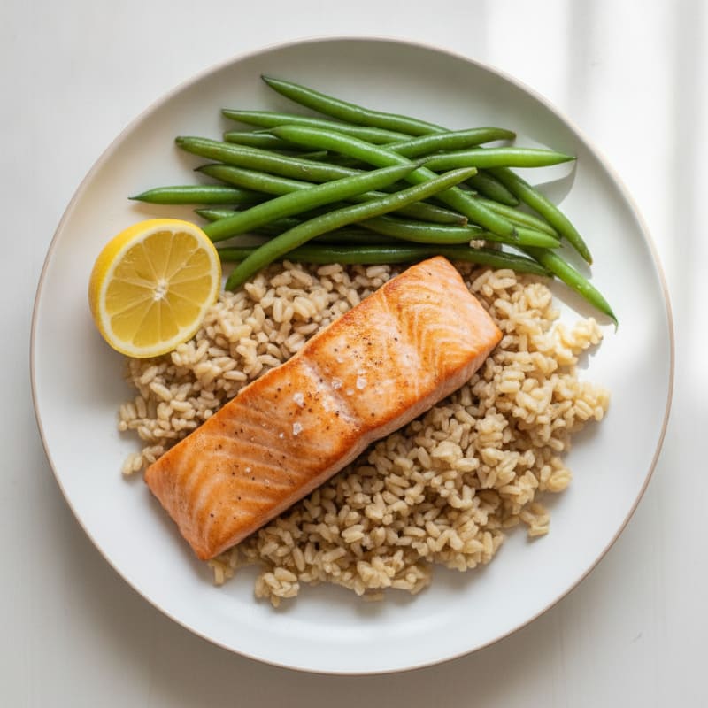 Seared Salmon with Steamed Green Beans and Brown Rice