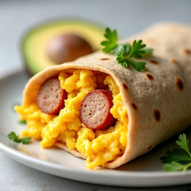 Hearty Lean Turkey Sausage and Fluffy Scrambled Egg Breakfast Burrito with Avocado