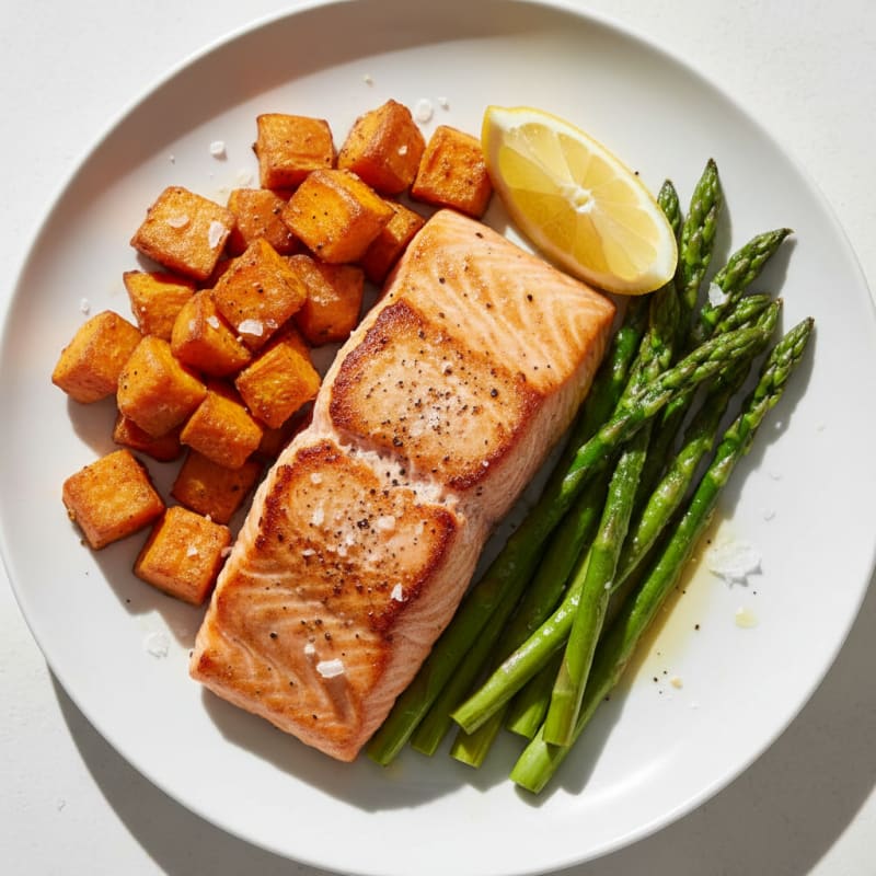 Seared Salmon with Roasted Sweet Potatoes and Asparagus