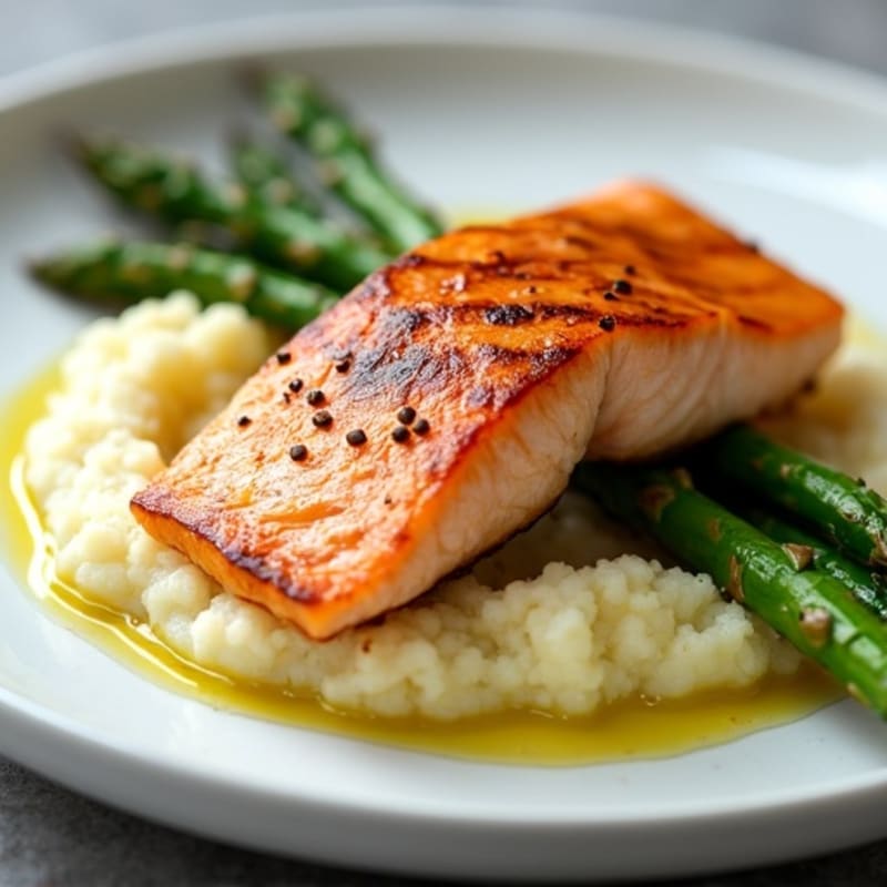 Seared Salmon Fillet with Steamed Asparagus and Cauliflower Mash