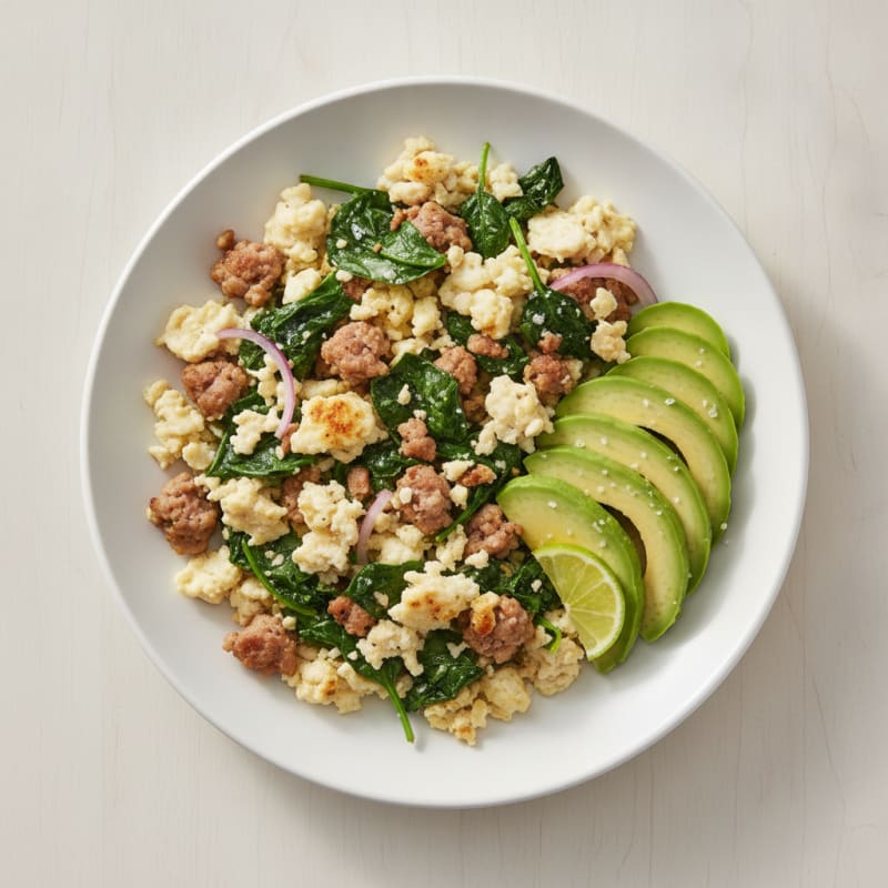 Egg White and Turkey Sausage Scramble with Sautéed Spinach